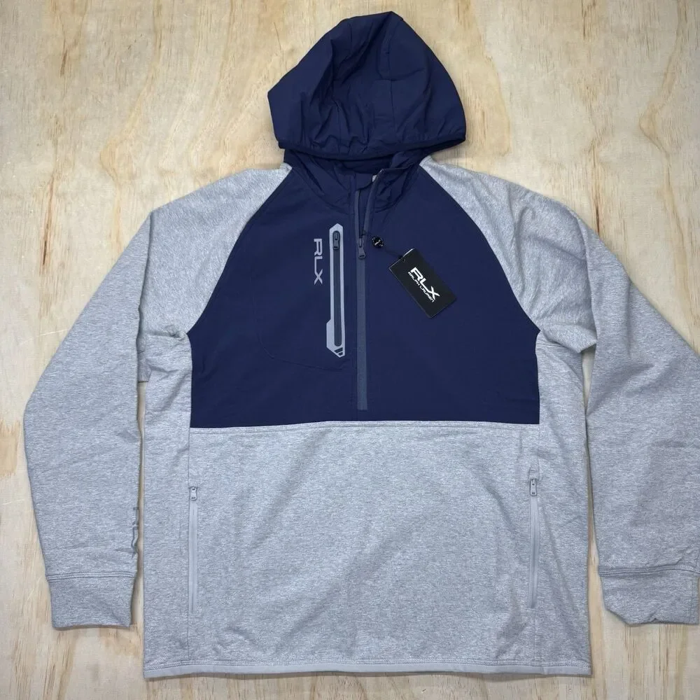 NEW RLX Golf Ralph Lauren Mens Performance Terry 1/2-Zip Hoodie 2XL Blue Gray